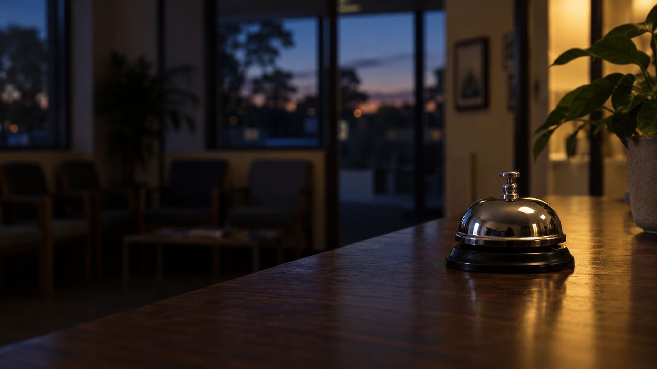 The same service bell on a timber counter in the empty clinic at dusk, lights low.