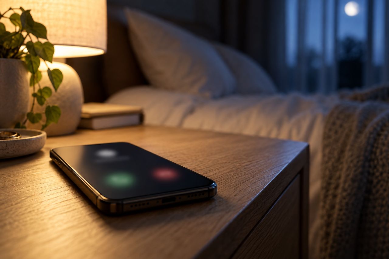 A phone lighting up with an incoming call on a bedside table at night.