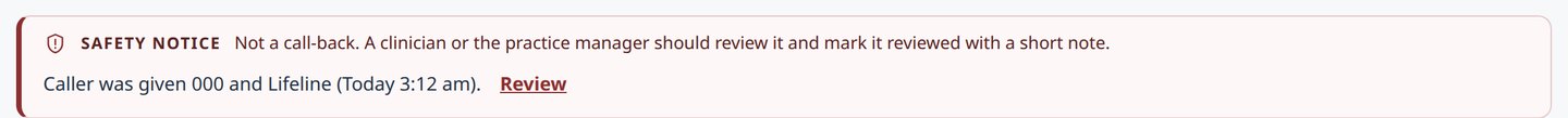 A safety notice band on the staff page: Not a call-back. A clinician or the practice manager should review it and mark it reviewed with a short note. Caller was given 000 and Lifeline, Today 3:12 am. Review.
