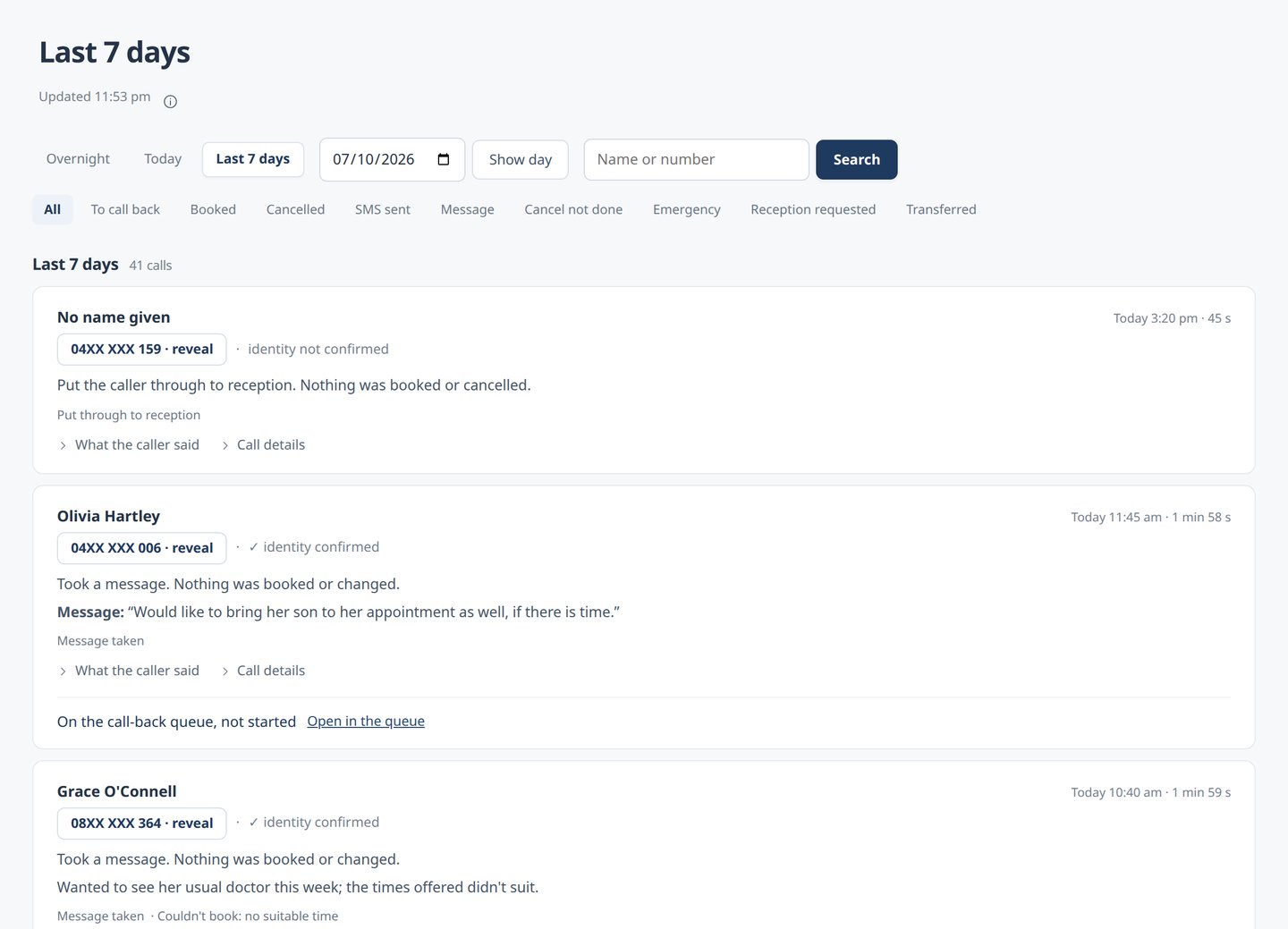 The All calls page of the staff page, showing the last 7 days: each call with the caller's name, a masked number, the time and length of the call, and what happened.