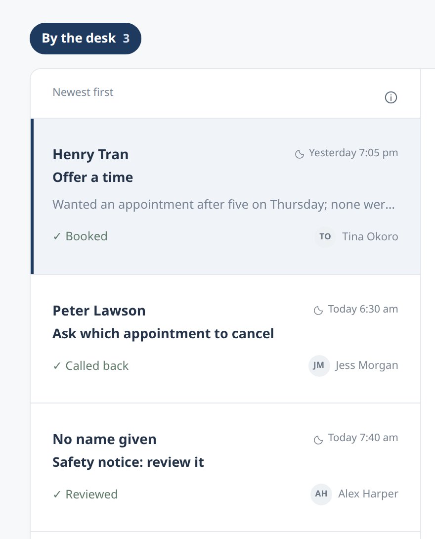 The Done today list: three finished call-backs, each with how it ended (booked, called back, reviewed) and who handled it.